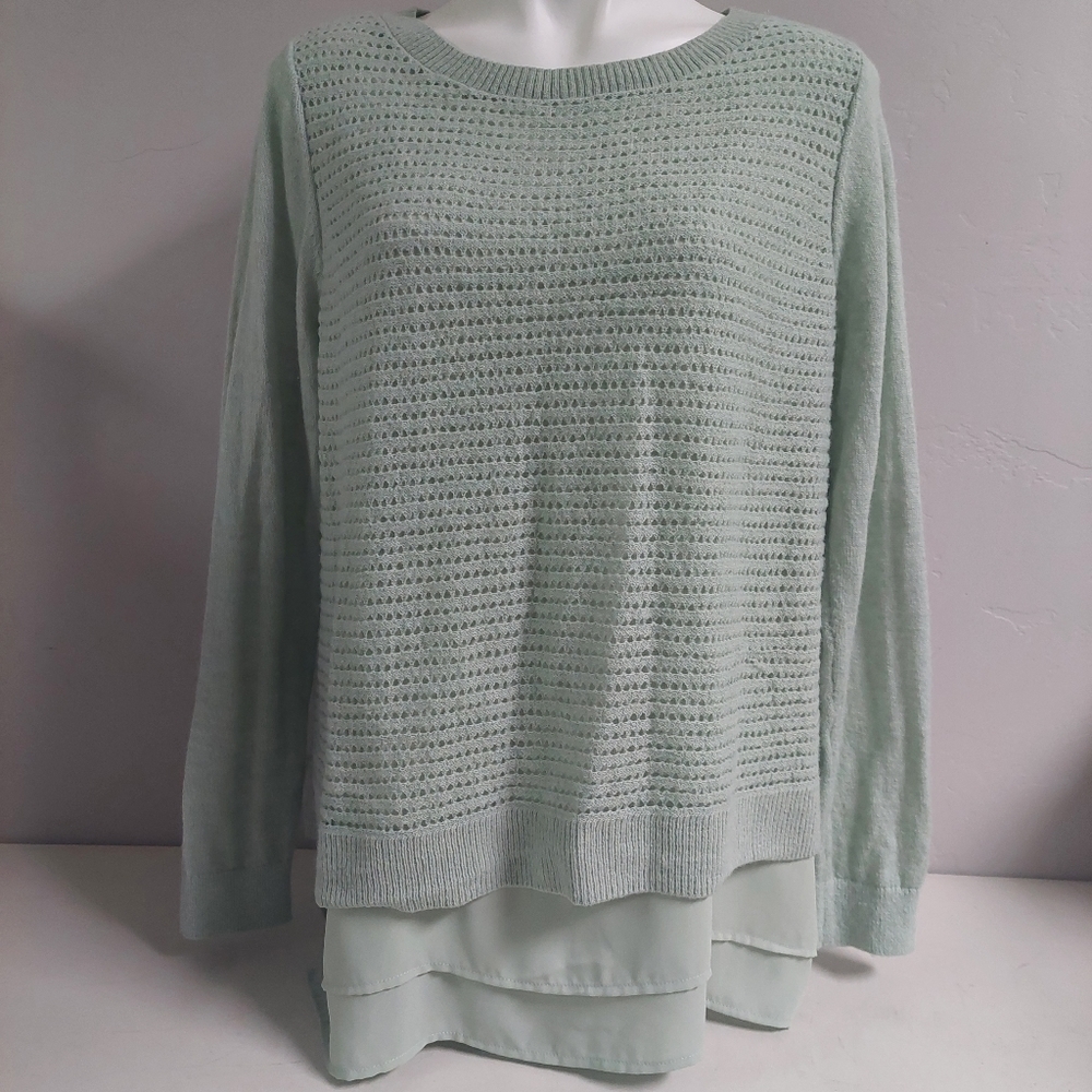 The Limited Green Knit Tunic Sweater Boho Wool Blend Women Size XL‎ Sheer Mesh